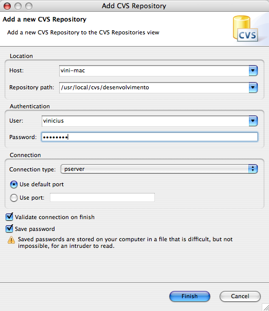 Definindo parâmetros de configuração para o acesso ao CVS.